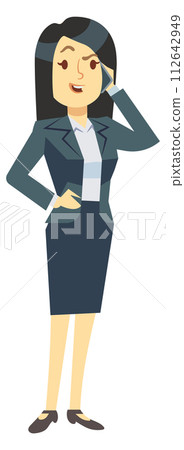 Businesswoman speaking on phone. Work call. Cartoon female character Businesswoman speaking on phone. Work call. Cartoon female character 112642949