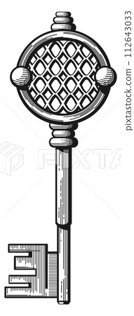 Gothic key engraving. Old metal treasure drawing Gothic key engraving. Old metal treasure drawing 112643033