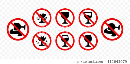 Prohibition signs, you can't drink alcohol, graphic design. Don't break wine glass, it is forbidden alcohol and can't spilled alcohol, vector design 112643079