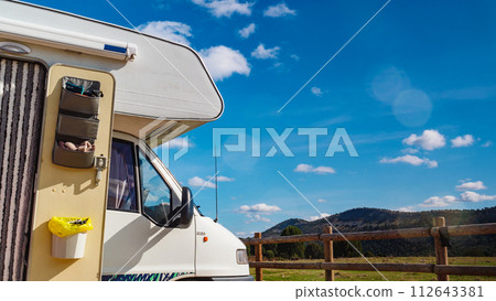 Rv camper camping on nature, Spain. Rv camper camping on nature, Spain. 112643381