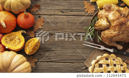 frame with food on wooden background 112643473