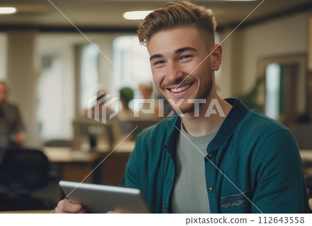 AI-generated content. Cheerful Man with Tablet in Lounge 112643558