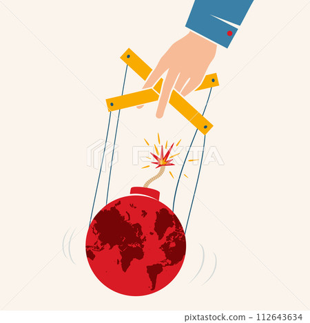 Vector vintage poster with hand controls Earth like a puppet. World control. World like bomb. Vector vintage poster with hand controls Earth like a puppet. World control. World like bomb. 112643634