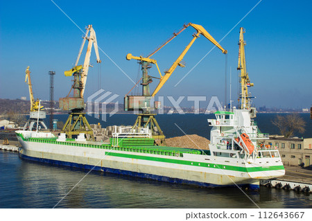 Cargo ship docked at international port, cranes loading containers under clear sky. Maritime freight transport, global trade, logistics network. Import, export operations in coastal facility. Cargo ship docked at international port, cranes loading containers under clear sky. Maritime freight transport, global trade, logistics network. Import, export operations in coastal facility. 112643667