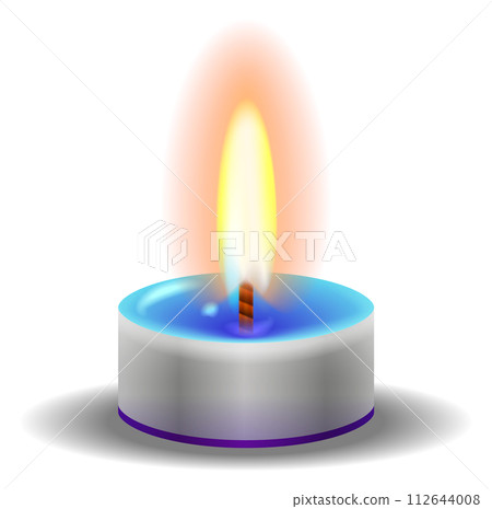 Small candle lit. Realistic tealight with fire flame 112644008