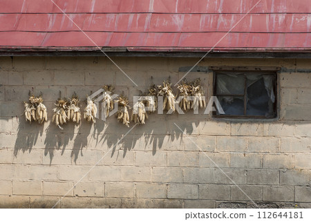 A typical Hokkaido farmhouse with a bird feeder 112644181