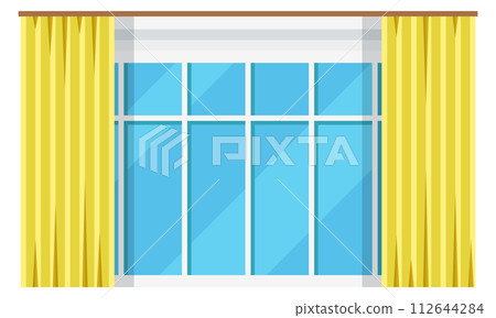 Window pane with yellow curtains hanging. Cartoon interior element Window pane with yellow curtains hanging. Cartoon interior element 112644284
