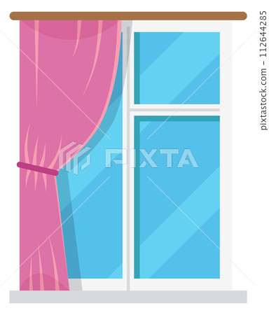 Window with pink curtain. Cartoon color interior element 112644285