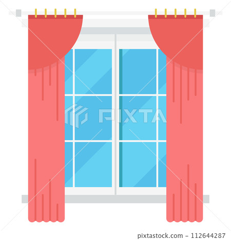 Window frame with pink curtains. Cartoon interior element Window frame with pink curtains. Cartoon interior element 112644287
