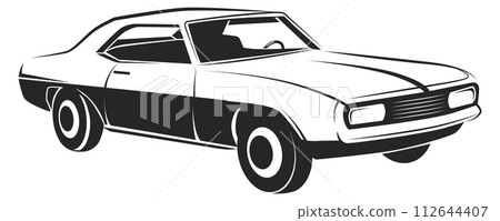 Retro car black icon. Driving vehicle drawing 112644407