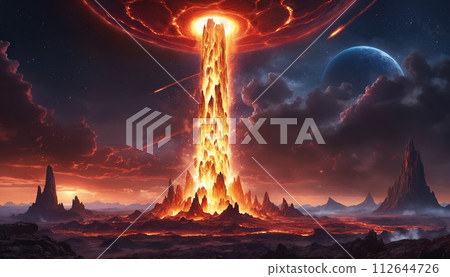 A giant volcano spews lava and a bright light A giant volcano spews lava and a bright light 112644726