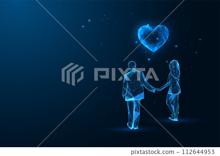 Love, romantic relationshios futuristic concept with couple holding hands and looking at heart Love, romantic relationshios futuristic concept with couple holding hands and looking at heart 112644953