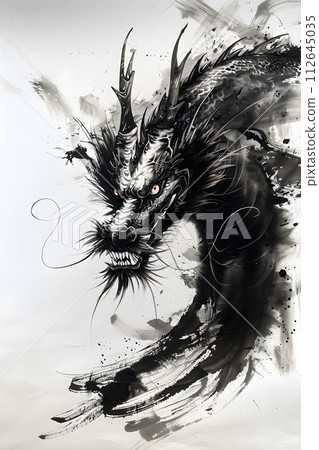 Illustration of Chinese brush painting of a dragon. Black ink lines drawn by master artist. It is a line that has weight, heaviness and lightness in art. Suitable for applying and decorating anywhere. Illustration of Chinese brush painting of a dragon. Black ink lines drawn by master artist. It is a line that has weight, heaviness and lightness in art. Suitable for applying and decorating anywhere. 112645035