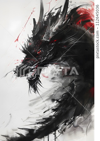 Illustration of Chinese brush painting of a dragon. Black ink lines drawn by master artist. It is a line that has weight, heaviness and lightness in art. Suitable for applying and decorating anywhere. Illustration of Chinese brush painting of a dragon. Black ink lines drawn by master artist. It is a line that has weight, heaviness and lightness in art. Suitable for applying and decorating anywhere. 112645036