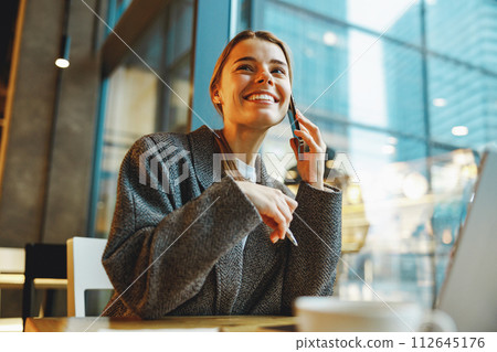 Young female freelancer talking with client and work on laptop in cafe. Distance work concept 112645176