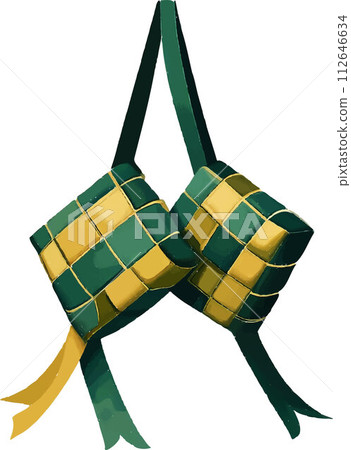 celebrating Lebaran or Eid MUbarak features vibrant ketupat designs on a green background. 112646634