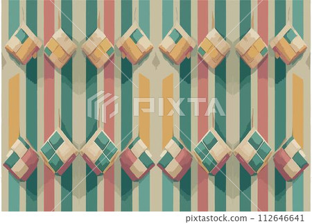 Celebrating Lebaran or Eid Mubarak featuring colorful ketupat designs against a striped background. 112646641