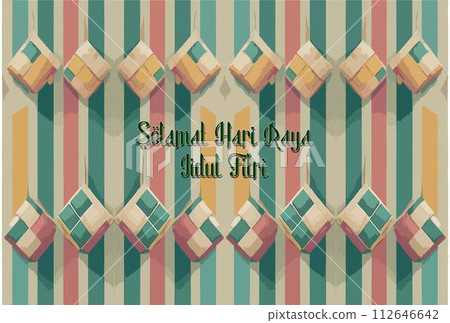 Celebrating Lebaran or Eid Mubarak featuring colorful ketupat designs against a striped background. Celebrating Lebaran or Eid Mubarak featuring colorful ketupat designs against a striped background. 112646642