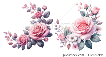 Watercolor illustration material set of pink rose wreath Watercolor illustration material set of pink rose wreath 112646994