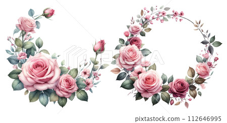 Watercolor illustration material set of pink rose wreath Watercolor illustration material set of pink rose wreath 112646995