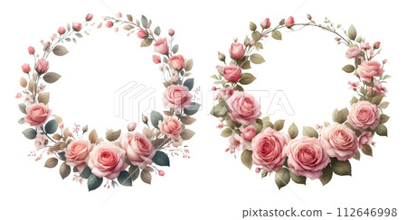 Watercolor illustration material set of pink rose wreath Watercolor illustration material set of pink rose wreath 112646998