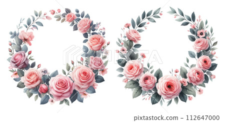 Watercolor illustration material set of pink rose wreath 112647000