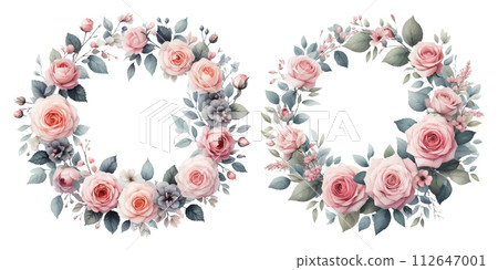 Watercolor illustration material set of pink rose wreath 112647001