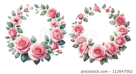Watercolor illustration material set of pink rose wreath 112647002