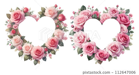 Watercolor illustration material set of pink rose heart-shaped wreath 112647006