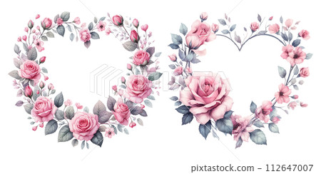 Watercolor illustration material set of pink rose heart-shaped wreath Watercolor illustration material set of pink rose heart-shaped wreath 112647007