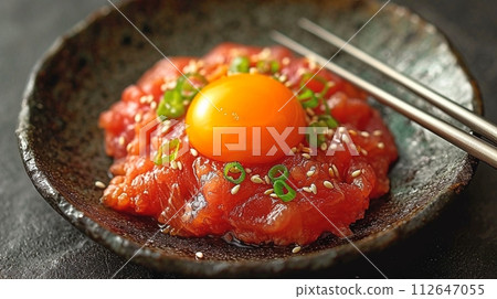 Yukhoe: Korean-style raw beef with yolk Yukhoe: Korean-style raw beef with yolk 112647055