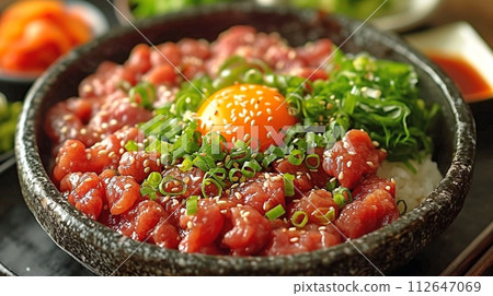 Yukhoe: Korean-style raw beef with yolk Yukhoe: Korean-style raw beef with yolk 112647069