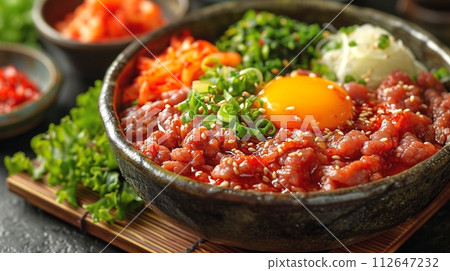 Yukhoe: Korean-style raw beef with yolk Yukhoe: Korean-style raw beef with yolk 112647232