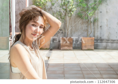 Image of a woman using skin care, lotion, serum, emulsion, sunscreen, and basic cosmetics Image of a woman using skin care, lotion, serum, emulsion, sunscreen, and basic cosmetics 112647306