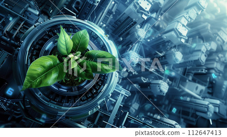 Sustainable plants thrive amidst digital infrastructure in a harmonious blend of nature and technology. The integration of sustainable practices with advanced digital technologies. Generative AI. 112647413