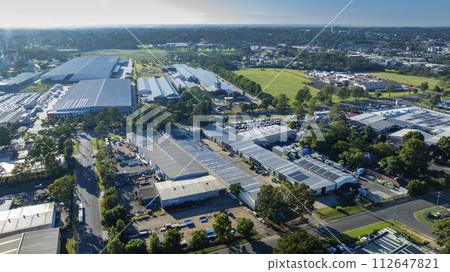 Aerial view of industrial buildings in the Nepean Business Park in Penrith Aerial view of industrial buildings in the Nepean Business Park in Penrith 112647821