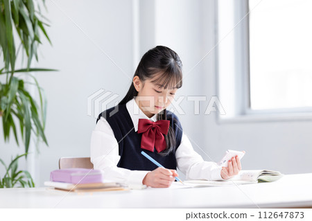 Junior high school girl studying while looking at her smartphone 112647873