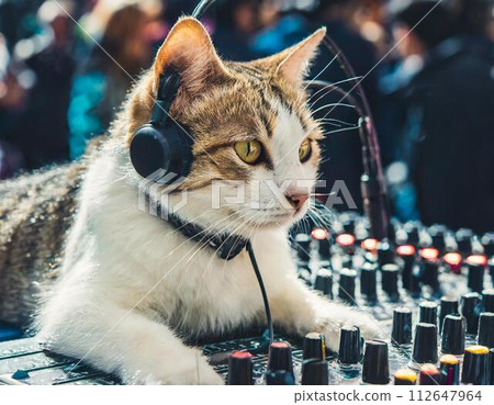 一隻戴著耳機並操作混音器的貓 112647964