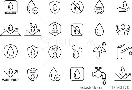 Monochrome waterproof line drawing icon set 112648178