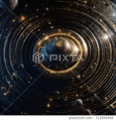 AI-generated content. A space scene that portrays a concept of a multi-dimensional or parallel universe. 112648489