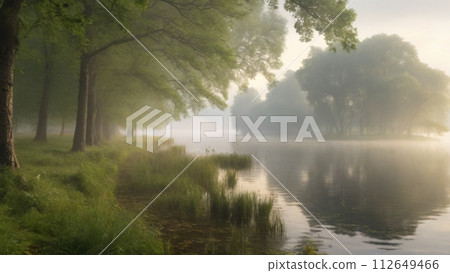早晨陽光照耀的森林裡的一個池塘 112649466