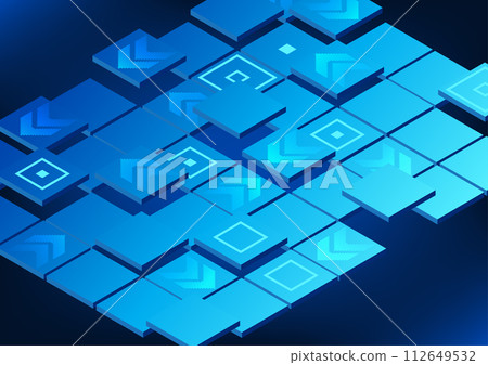 Technology background Blockchain Data storage technology systems that are linked together into a network through computer coding, Geometric squares arranged together with arrows. Technology background Blockchain Data storage technology systems that are linked together into a network through computer coding, Geometric squares arranged together with arrows. 112649532