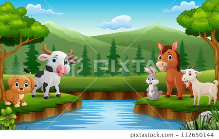 Cute farm animals cartoon in the jungle Cute farm animals cartoon in the jungle 112650144