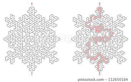 Labyrinth inside the snowflake shape. Creative Christmas flat maze. Puzzle related to frost, winter 112650184