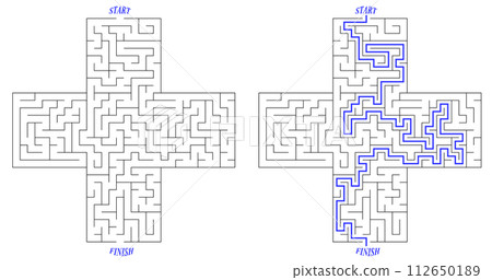 Labyrinth in a shape of big cross or positive sign. Big plus icon with a maze inside it. Cool design Labyrinth in a shape of big cross or positive sign. Big plus icon with a maze inside it. Cool design 112650189