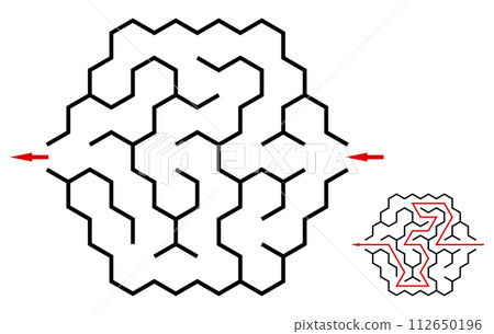 Extra easy hexagonal vector labyrinth. Children logic game for brain training isolated on white Extra easy hexagonal vector labyrinth. Children logic game for brain training isolated on white 112650196