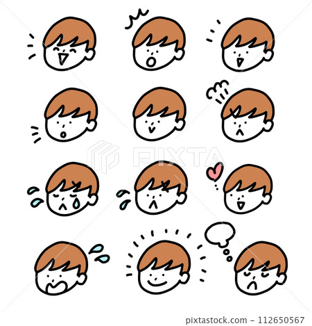 A set of illustrations of men's faces with various expressions: joy, anger, sadness, and happiness 112650567