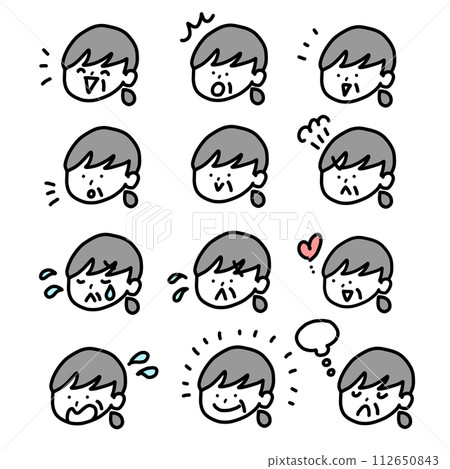 Set of illustrations of elderly women's faces with various expressions: joy, anger, sadness, and happiness 112650843