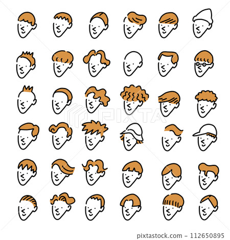 Hand drawn set of male faces with various hairstyles icons Hand drawn set of male faces with various hairstyles icons 112650895