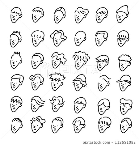 Hand-drawn set of men's faces with various hairstyles, icons, line drawings Hand-drawn set of men's faces with various hairstyles, icons, line drawings 112651082